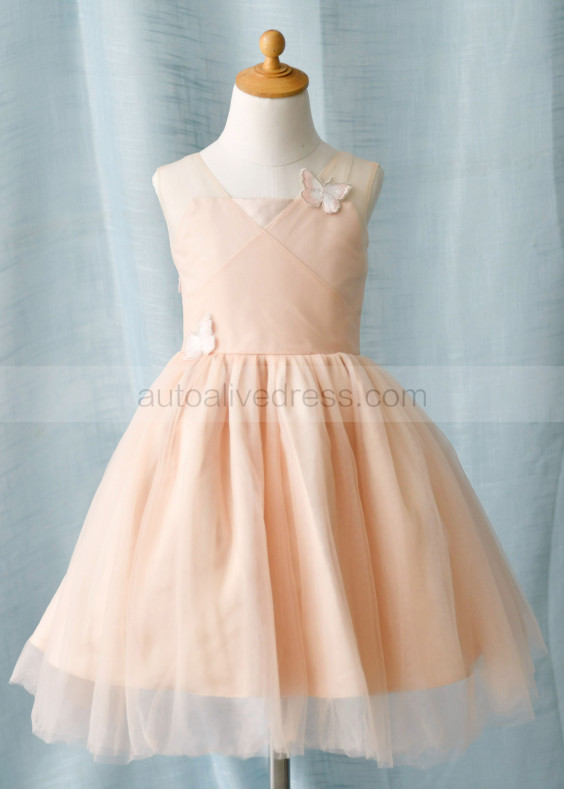 Blush Pink Tulle V Neck With Butterfly Short Flower Girl Dress